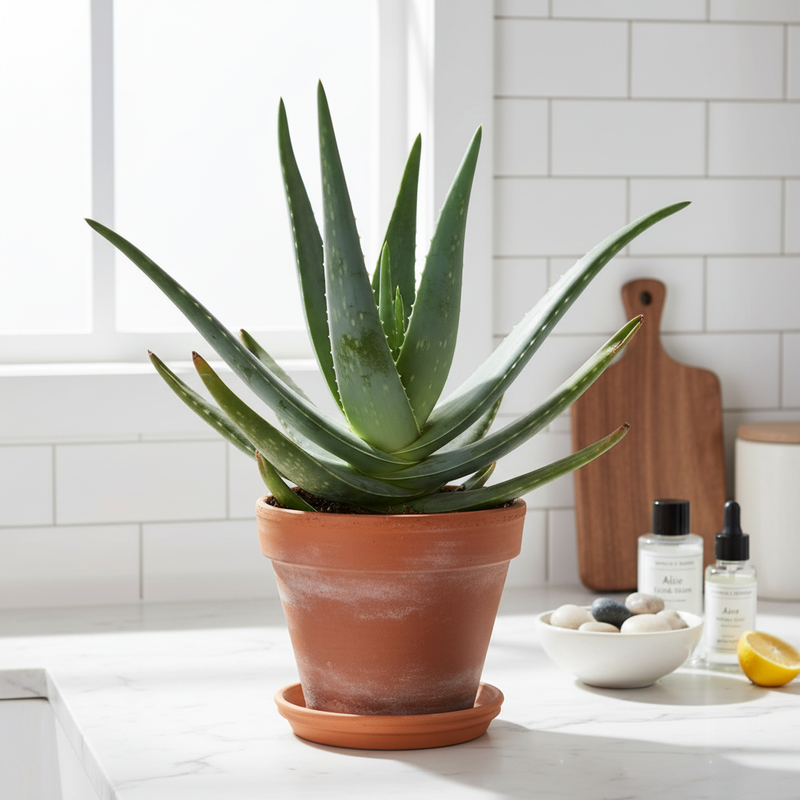 Aloe Vera lifestyle image in practical kitchen/bathroom setting