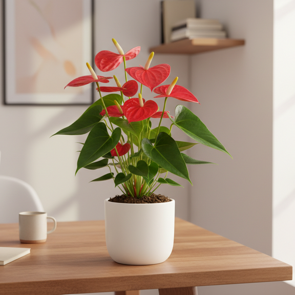 Lush Anthurium andraeanum with red heart-shaped flowers in decorative planter on wooden shelf in Scandinavian-style home
