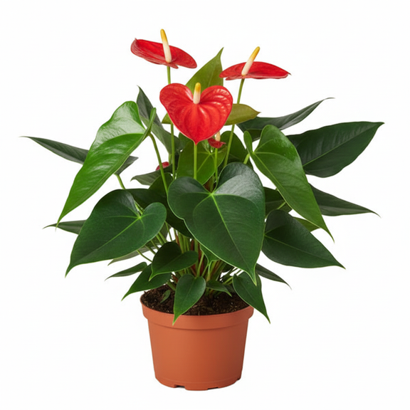 Anthurium Red flowering houseplant in 6-inch orange nursery pot with glossy heart-shaped leaves and vibrant red blooms
