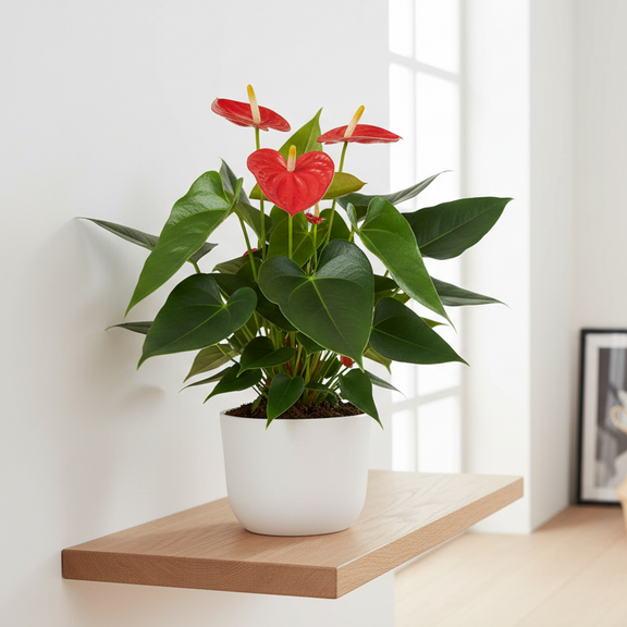 Anthurium Red plant in modern white ceramic planter on wood console table in bright minimalist living room
