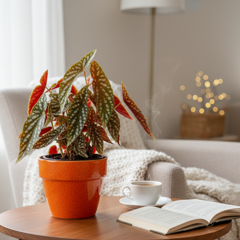 Begonia Maculata polka dot plant with silver-spotted leaves in orange pot on wooden table with cozy home decor