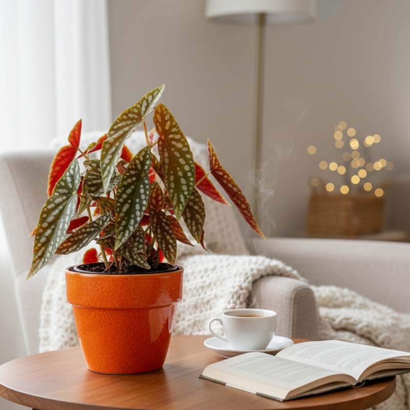 Begonia Maculata polka dot plant with silver-spotted leaves in orange pot on wooden table with cozy home decor