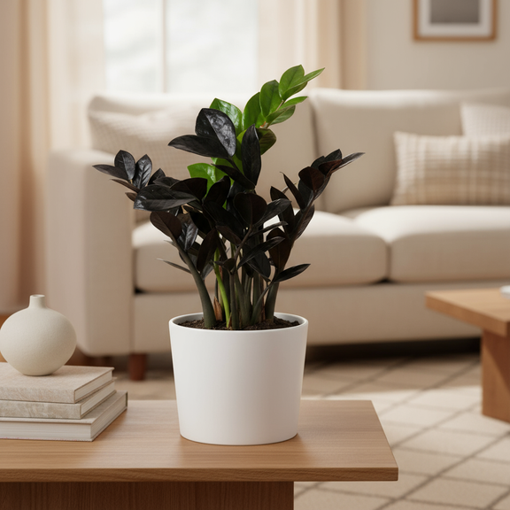 Black ZZ Plant Raven poted on a table available for sale at All About Planties™.