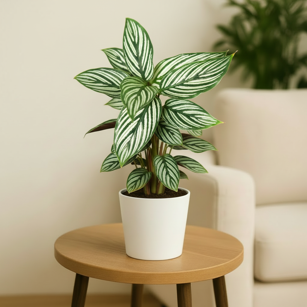 Calathea 'Vittata' in white ceramic pot on oak wood stand – All About Planties