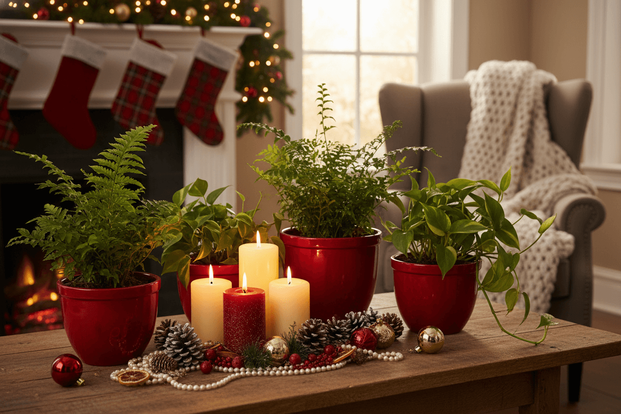 Cozy Christmas scene with houseplants and candles by All About Planties