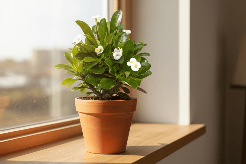 Crown of Thorns white flowering succulent on sunny windowsill in modern home interior