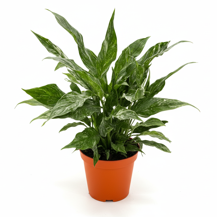 Domino Peace Lily houseplant with variegated white and green leaves, easy care indoor plant in orange nursery pot