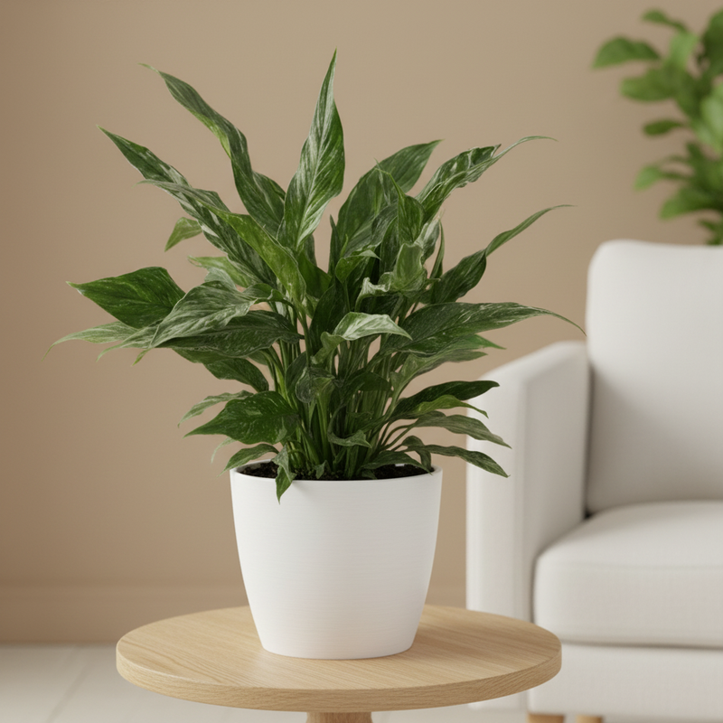 Domino Peace Lily (Spathiphyllum 'Domino') in white ceramic pot on oak wood stand – live variegated indoor plant | All About Planties