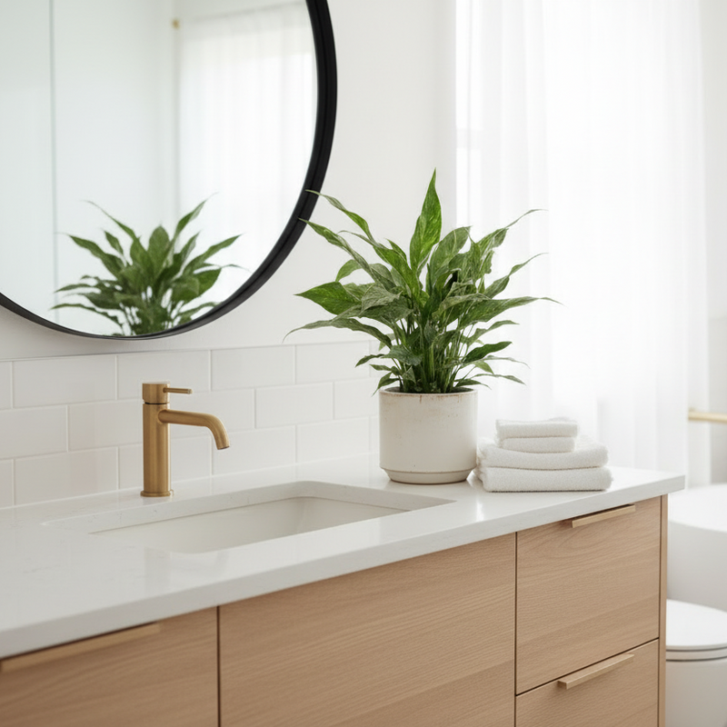 Variegated Peace Lily indoor plant in decorative planter, low maintenance houseplant for bedroom or bathroom