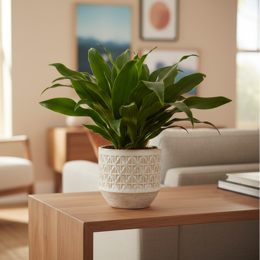 Dracaena 'Janet Craig' with rich dark green glossy leaves in ceramic pot on wooden console in cozy interior
