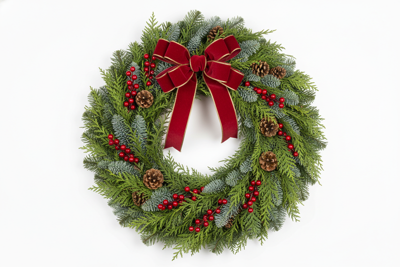 East meets West mixed evergreen wreath with Fraser Fir Noble Fir and Cedar