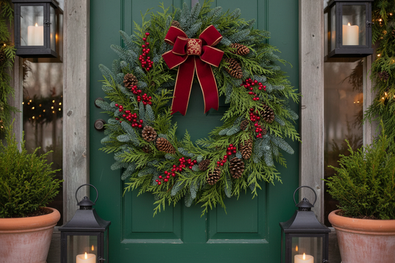 East meets West wreath displayed on home entrance showcasing mixed evergreen beauty