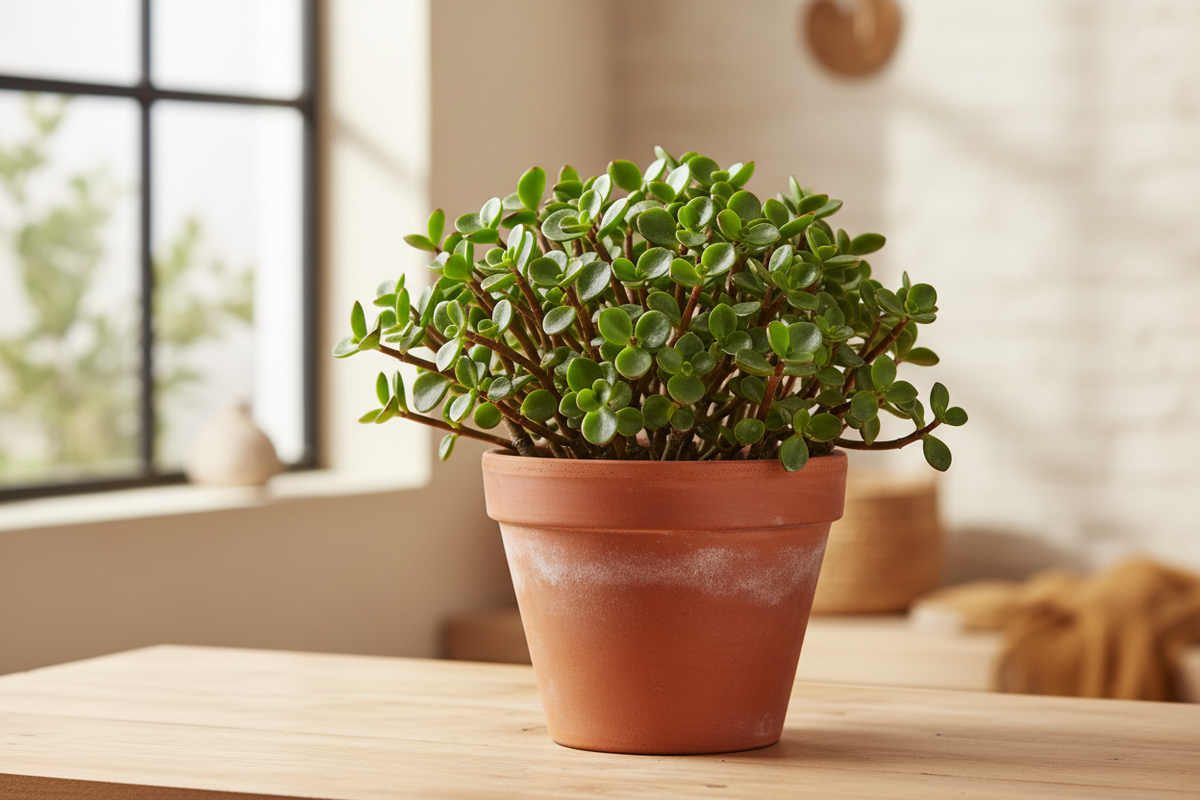 Elephant Bush succulent on wooden desk in bright home office with natural window light