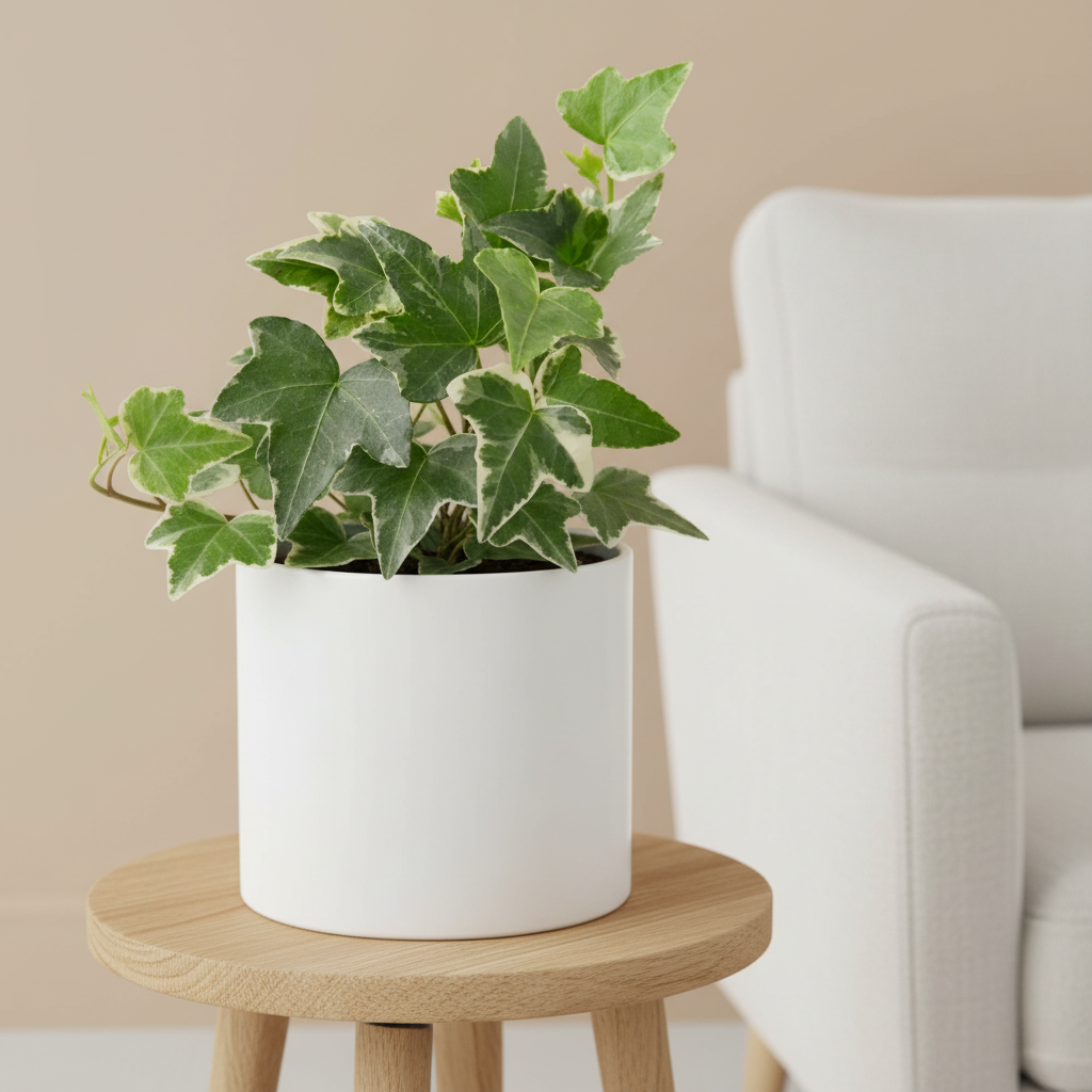 English Ivy Glacier in a white ceramic pot on a light oak wood stand, warm beige background, soft natural lighting — All About Planties™
