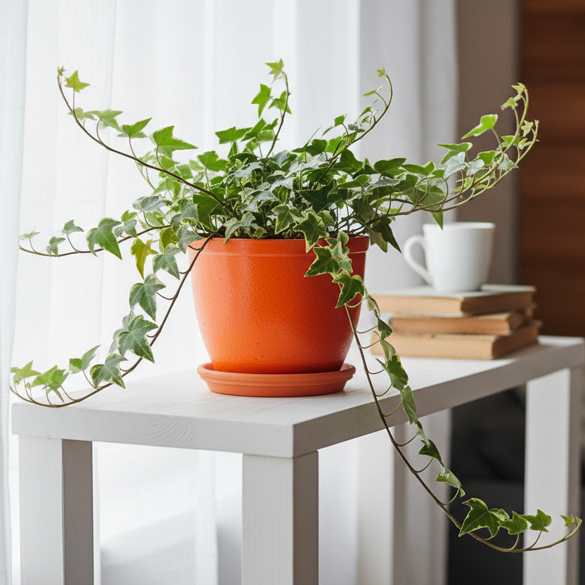 English Ivy Green California houseplant in bright orange pot on white shelf with natural light