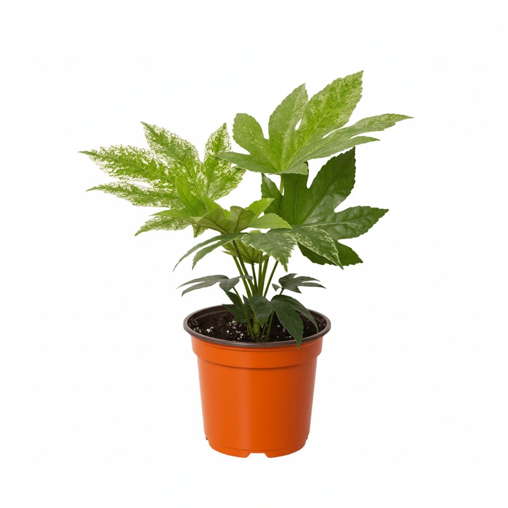 Potted Fatsia Spider Web plant with green leaves in an orange pot on a white background