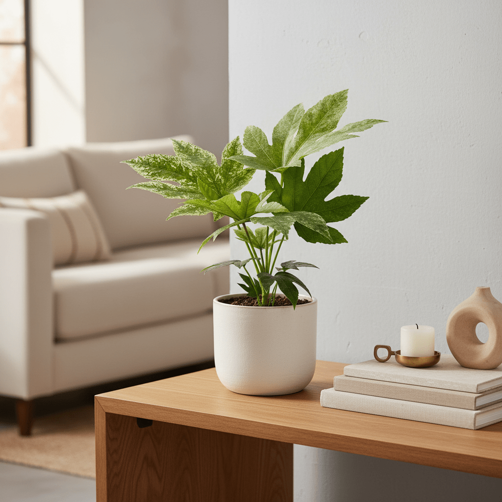 Potted Falsia Spider Web plant on a wooden table with a neutral background – from All About Planties™.