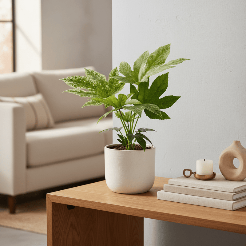 Potted Falsia Spider Web plant on a wooden table with a neutral background – from All About Planties™.