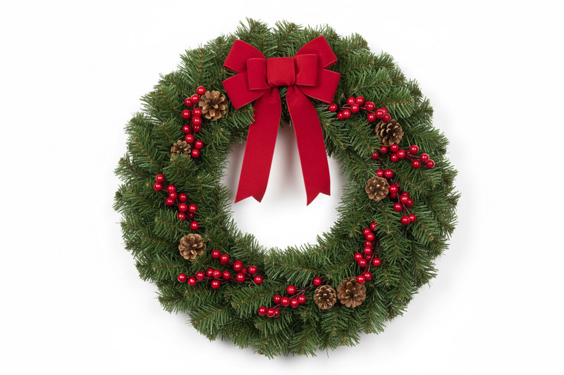 Fraser Fir Wreath 22 inch decorated with fresh pine needles for holiday decor
