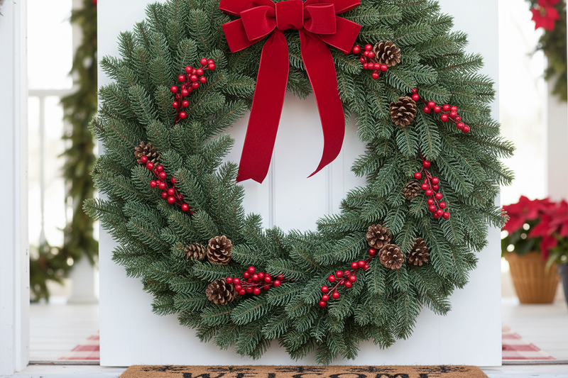 Fraser Fir Wreath on door with authentic needle characteristics