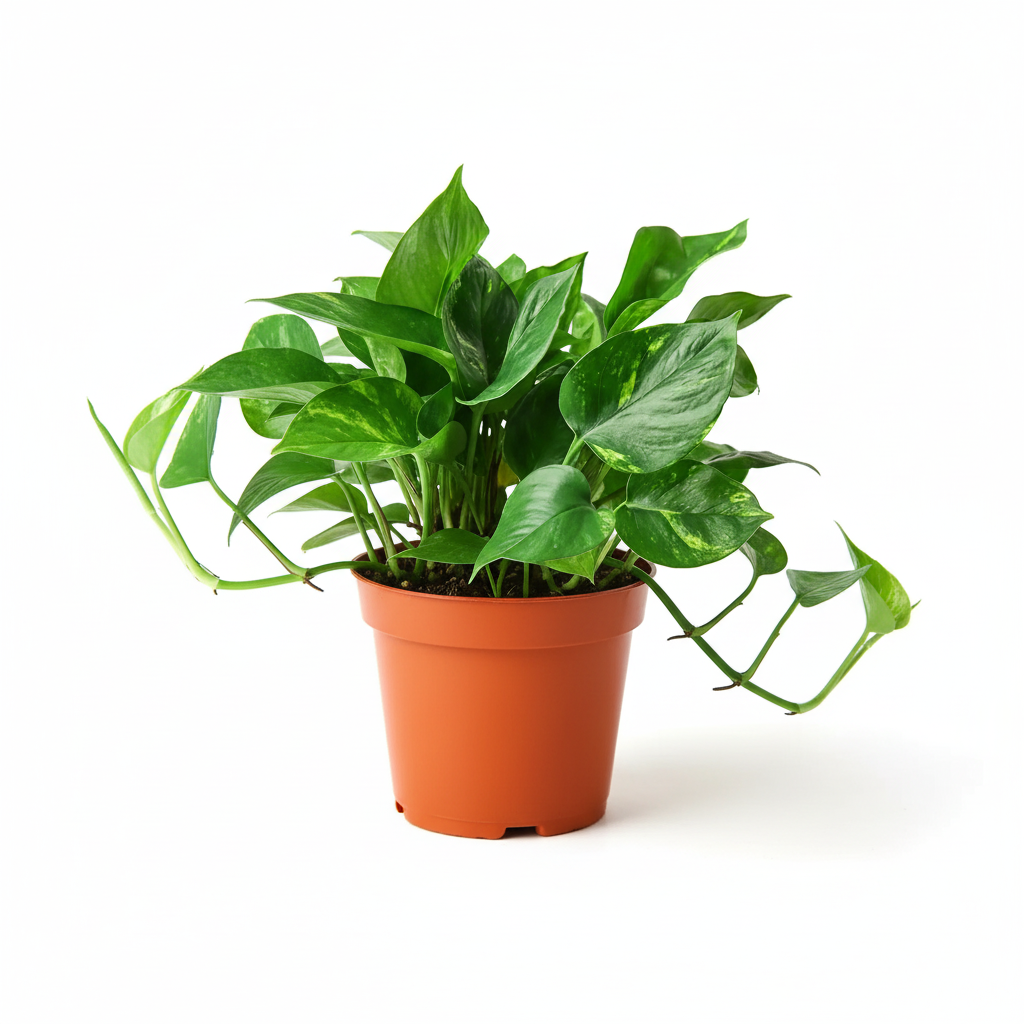 Golden Pothos plant in orange nursery pot with deep green variegated leaves - easy care houseplant