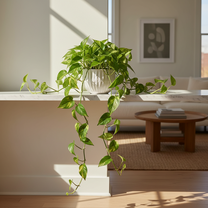 Mature Golden Pothos with trailing vines in ceramic pot on white shelf - indoor plant decor