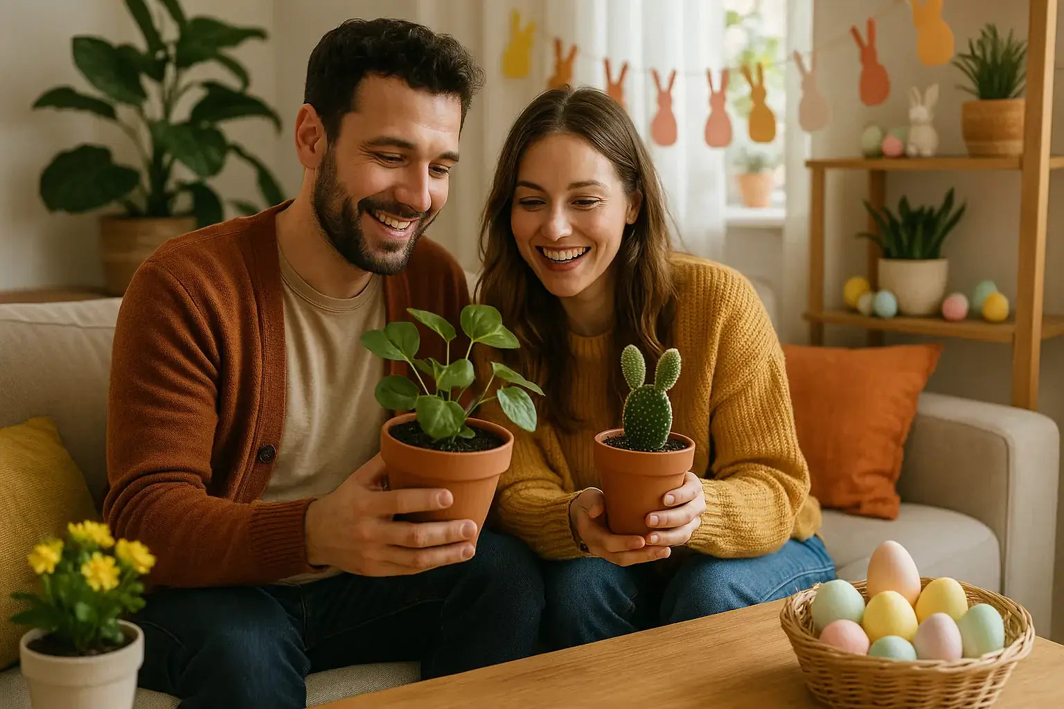 Happy couple holding potted houseplants with Easter decorations in a cozy living room — includes eggs, bunny garlands, and indoor greenery.