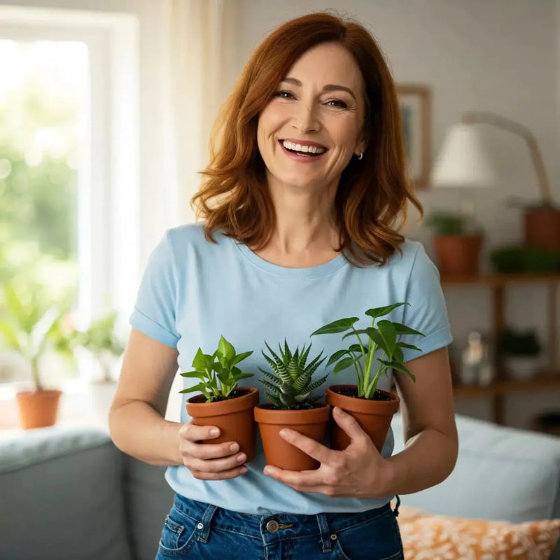 Woman holding three small houseplants in nursery pots
