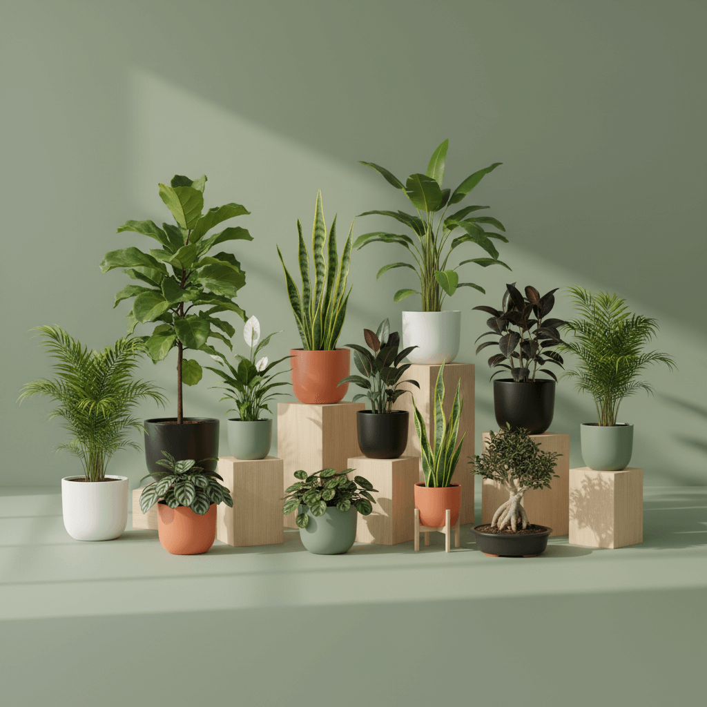 Hero banner with centered plant collection and negative space