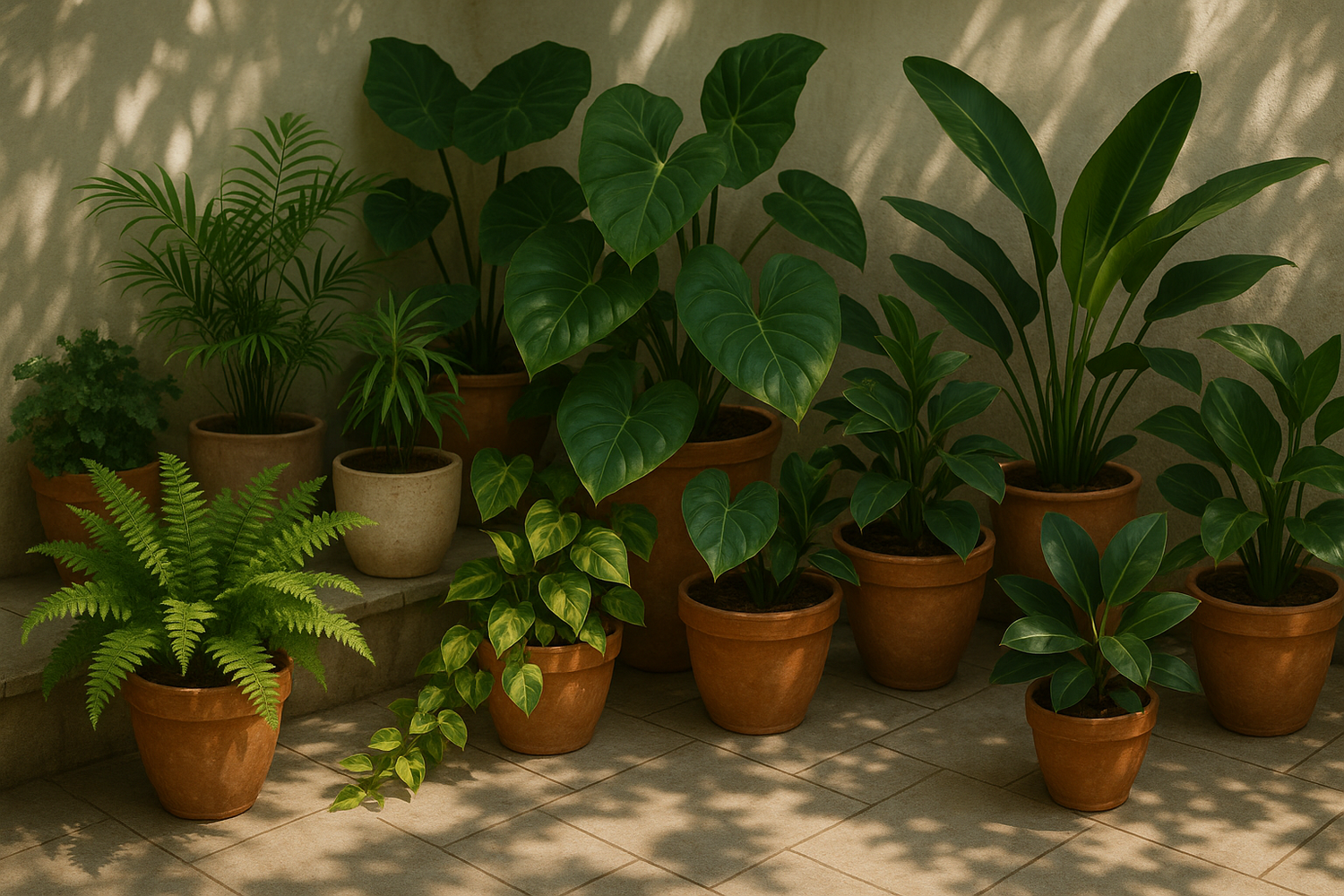 Houseplants on a patio in pots, receiving shaded outdoor light