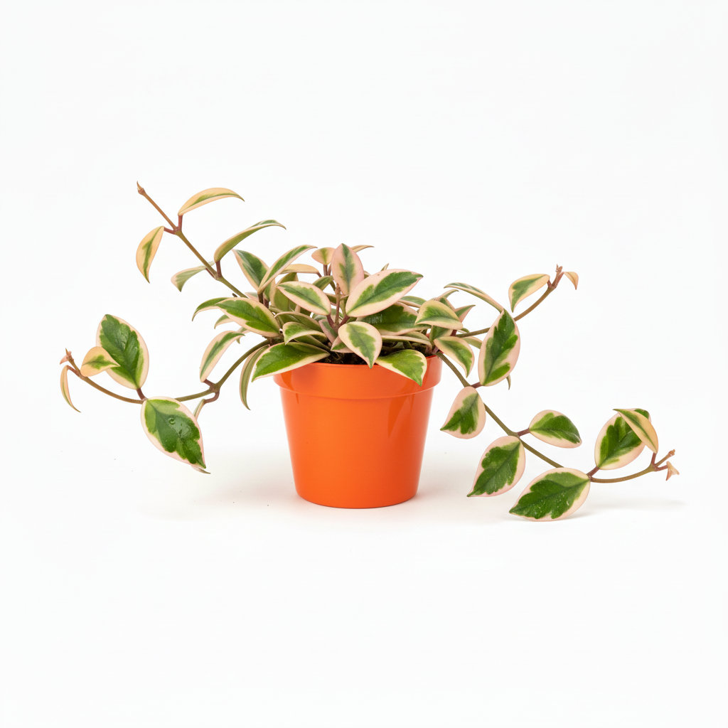 Hoya Carnosa Tricolor in orange pot - variegated wax plant with pink, cream, and green leaves
