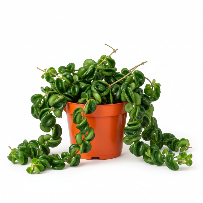 Hoya rope plant in orange 6-inch nursery pot with curled waxy green leaves on white background
