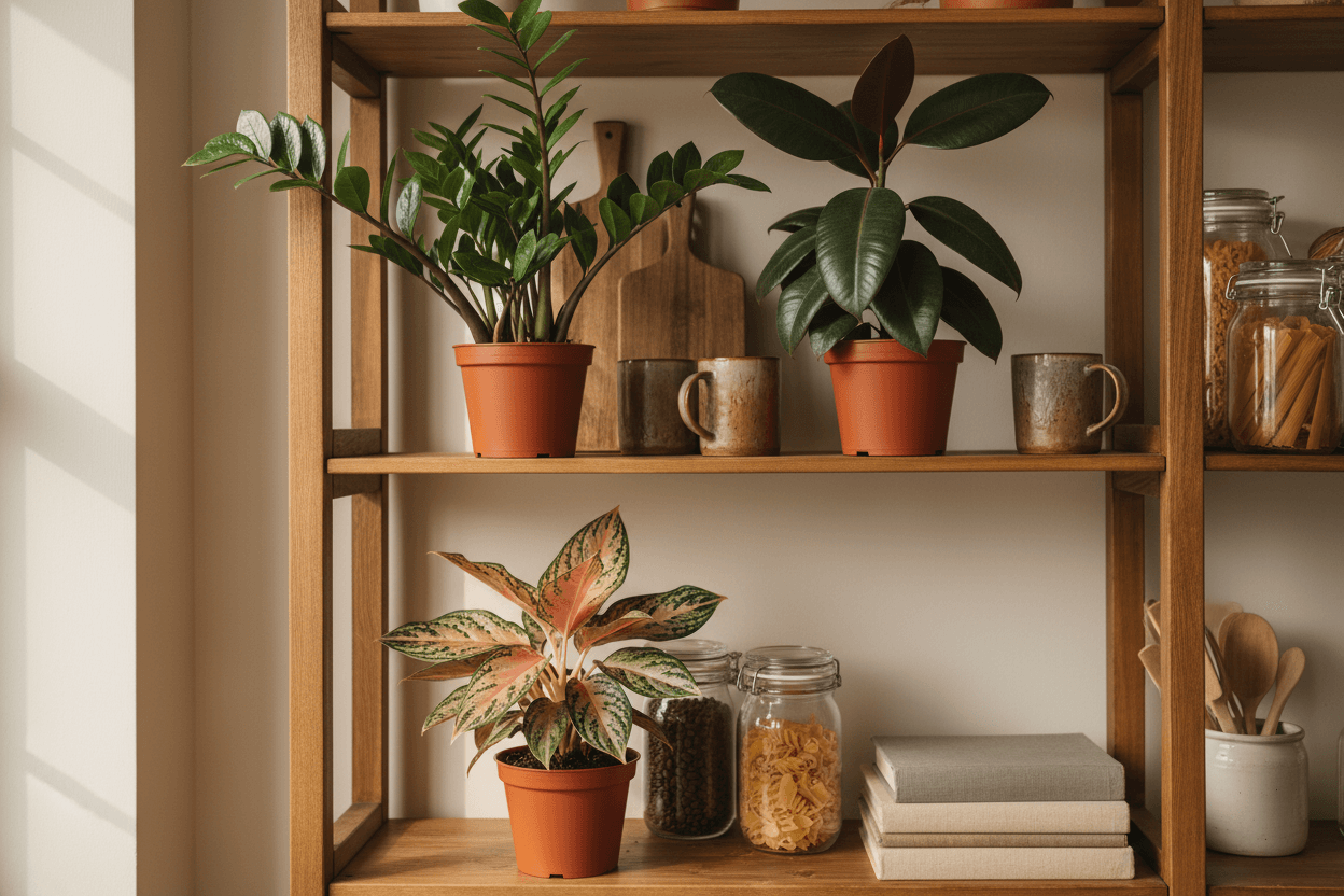 Indoor Plants for Beginners - Kitchen Shelf Setting by All About Planties
