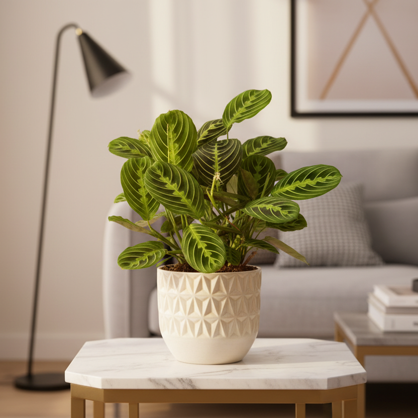 Maranta 'Lemon Lime' prayer plant in elegant ceramic planter on modern side table in sophisticated home interior by All About Planties