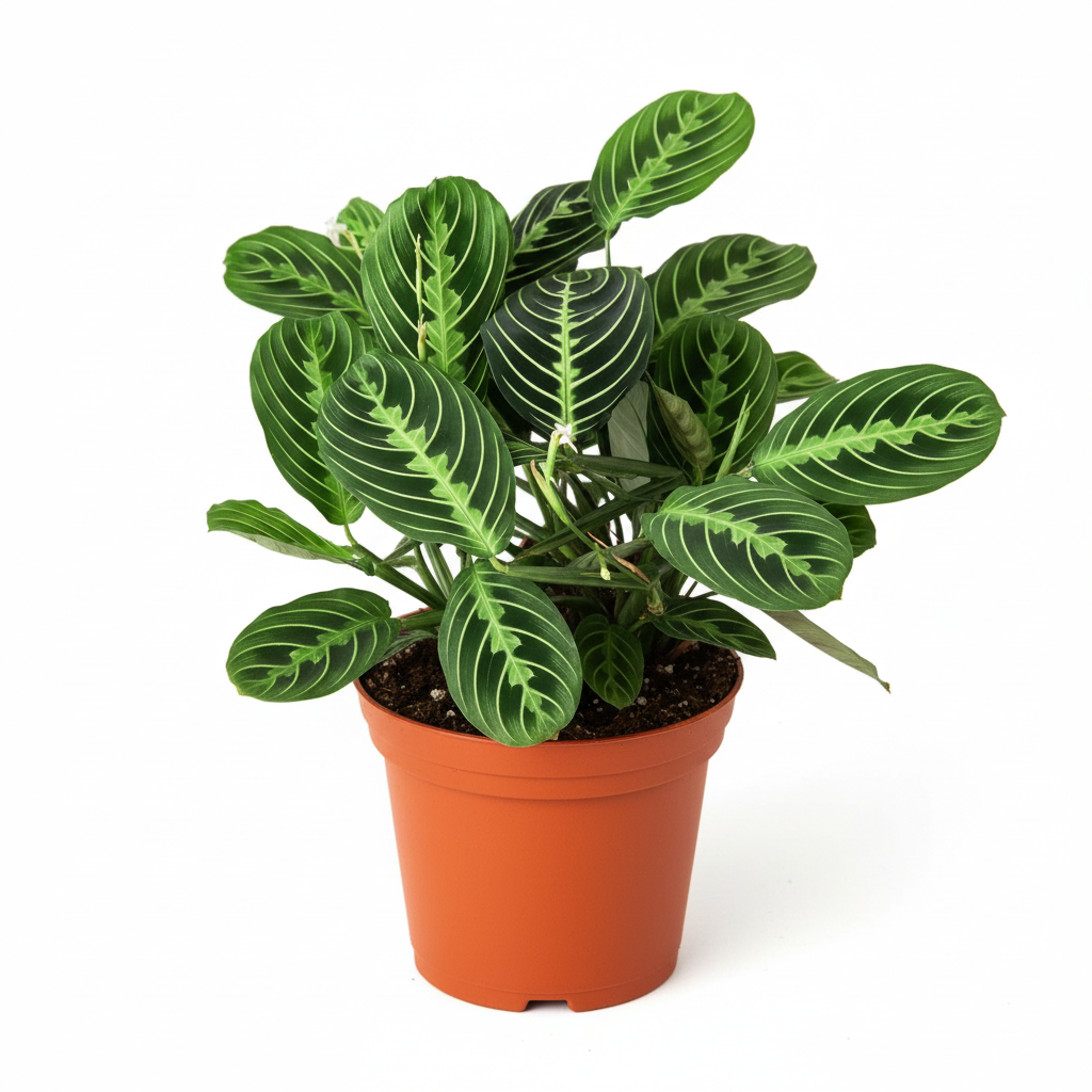 Maranta 'Lemon Lime' prayer plant with lime green striped variegated leaves in 4inch orange nursery pot on white background at All About Planties