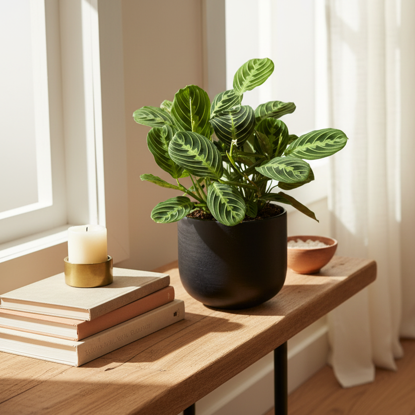 Maranta 'Lemon Lime' plant in decorative pot on wooden shelf with books and candles in warm natural light