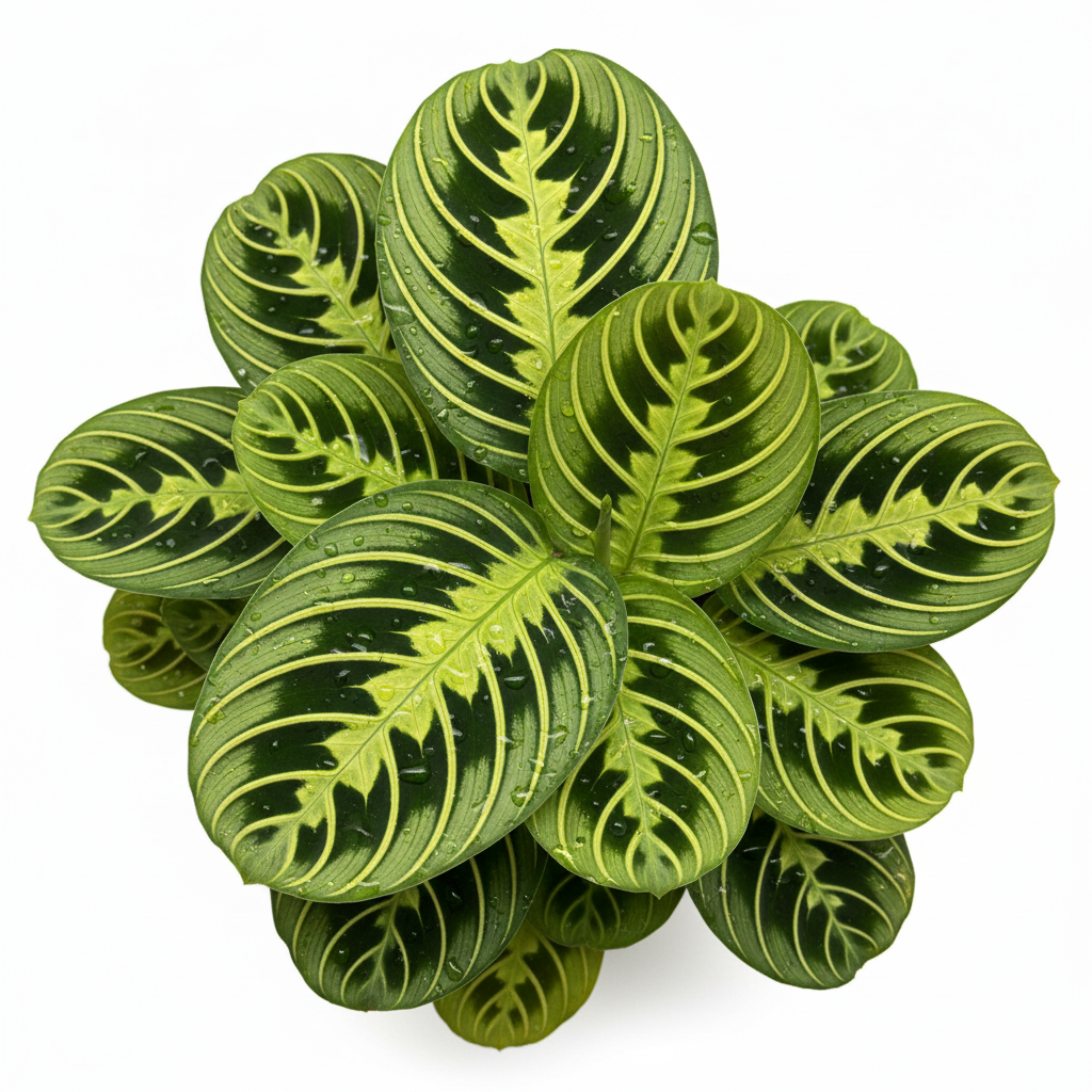 Maranta leuconeura lemon lime plant in bright interior corner with houseplants - indoor plant styling