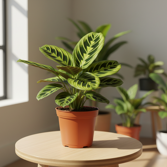 Maranta leuconeura prayer plant styled on minimalist white desk with natural light - modern home decor
