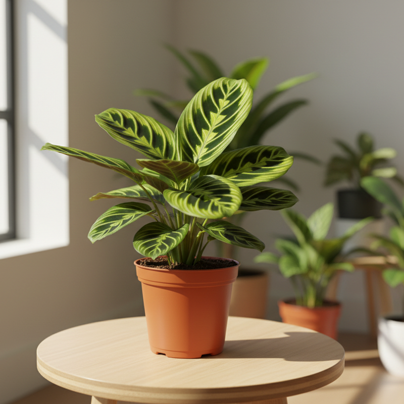 Maranta leuconeura prayer plant styled on minimalist white desk with natural light - modern home decor
