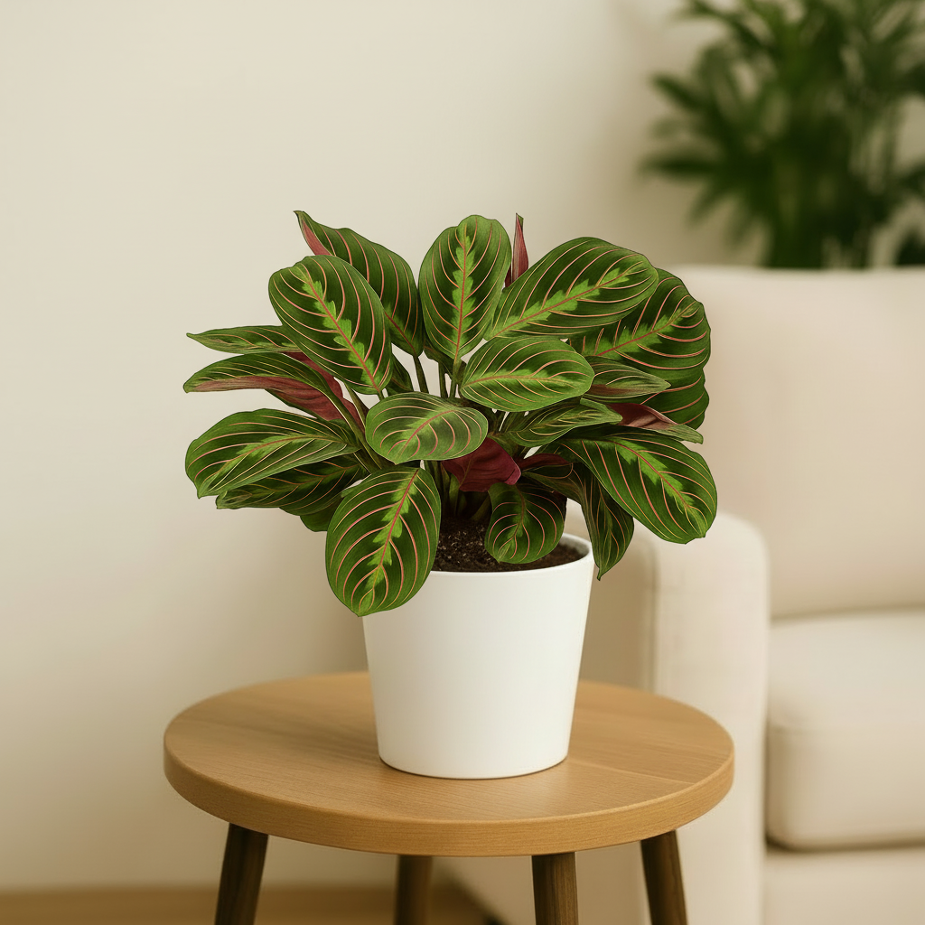 Maranta Red Prayer Plant in white ceramic pot on oak wood stand – indoor houseplant for sale | All About Planties