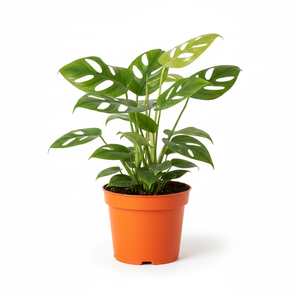 Mini Monstera houseplant with split green leaves in ceramic pot on marble surface with natural window light in modern interior