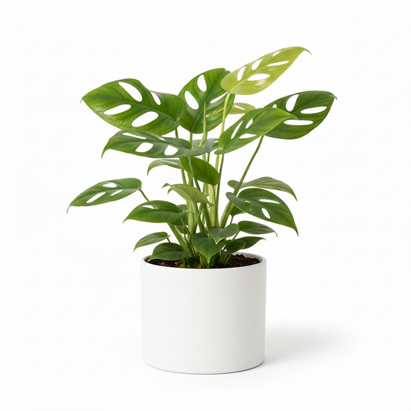 Mini Monstera Rhaphidophora tetrasperma with fenestrated climbing leaves in sleek white cylinder ceramic pot on white background