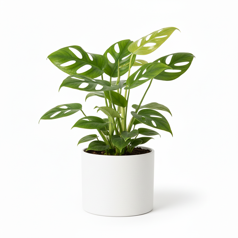 Mini Monstera Rhaphidophora tetrasperma with fenestrated climbing leaves in sleek white cylinder ceramic pot on white background