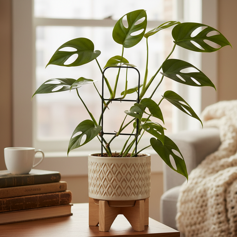 Mini Monstera Rhaphidophora tetrasperma with split fenestrated leaves in decorative pot on wooden surface with cozy home decor