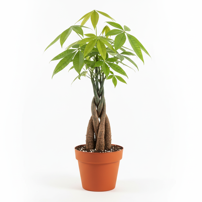 Braided Money Tree plant in orange 4" nursery pot - Pachira aquatica with hand-woven trunk and glossy palmate leaves