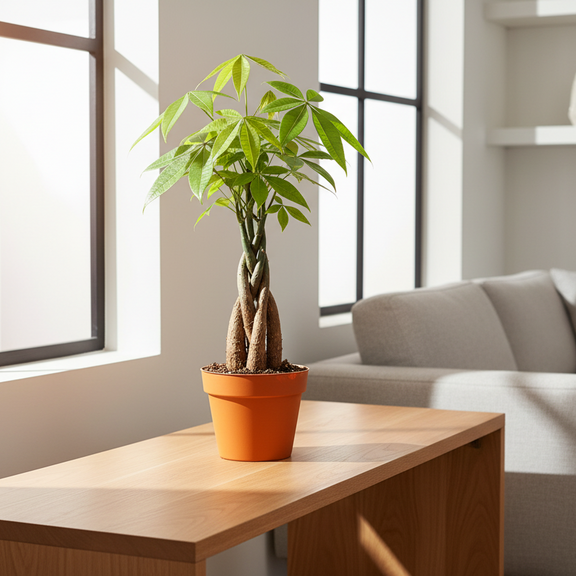 Money Tree Plant Home Decor - Braided Pachira in Bright Modern Interior