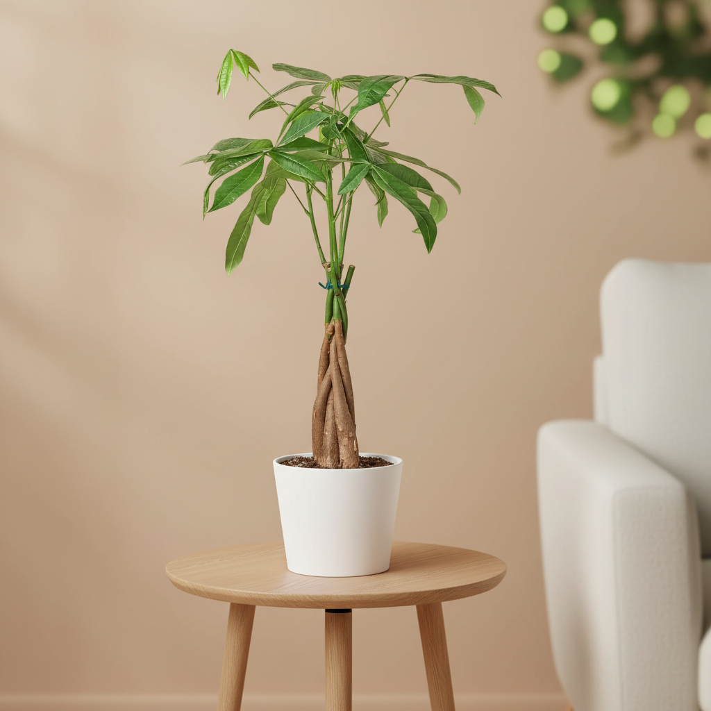 Braided Money Tree in white ceramic pot on oak wood stand – Pachira aquatica indoor houseplant