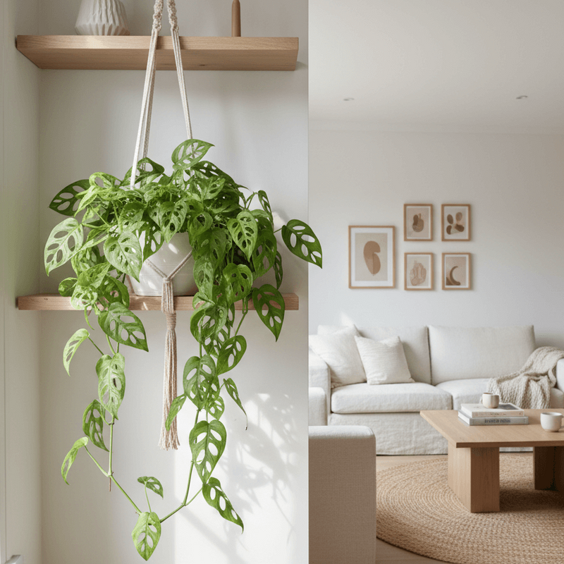 Monstera Adansonii Swiss Cheese plant displayed on shelf in modern living room with natural light