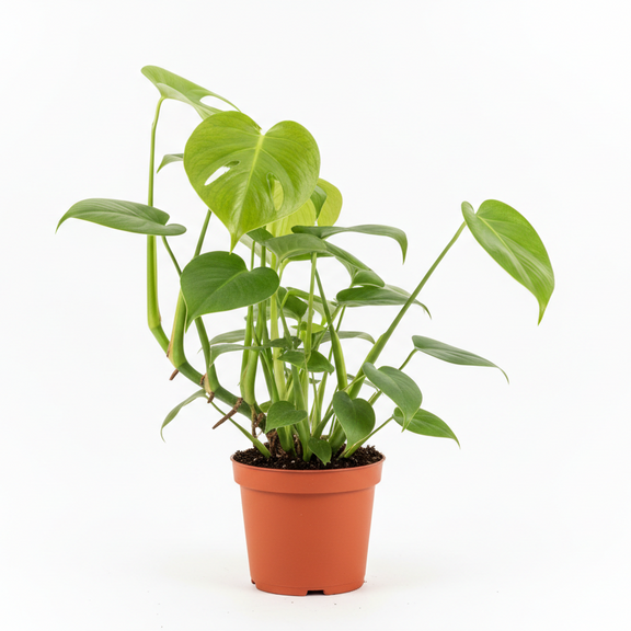 Lush young Monstera Deliciosa houseplant with multiple leaves in orange nursery pot
