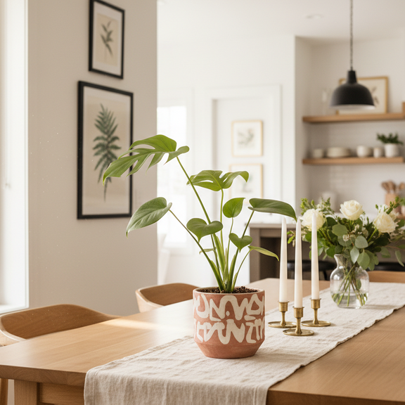Monstera Deliciosa plant in decorative planter on dining table in modern kitchen